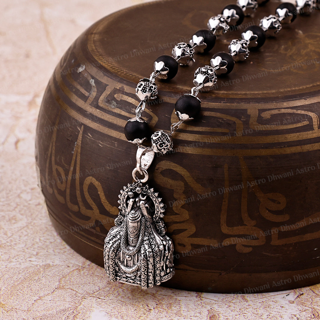 Silver Karungali OM Beads Mala With Mahadev Jyotirling Pendant