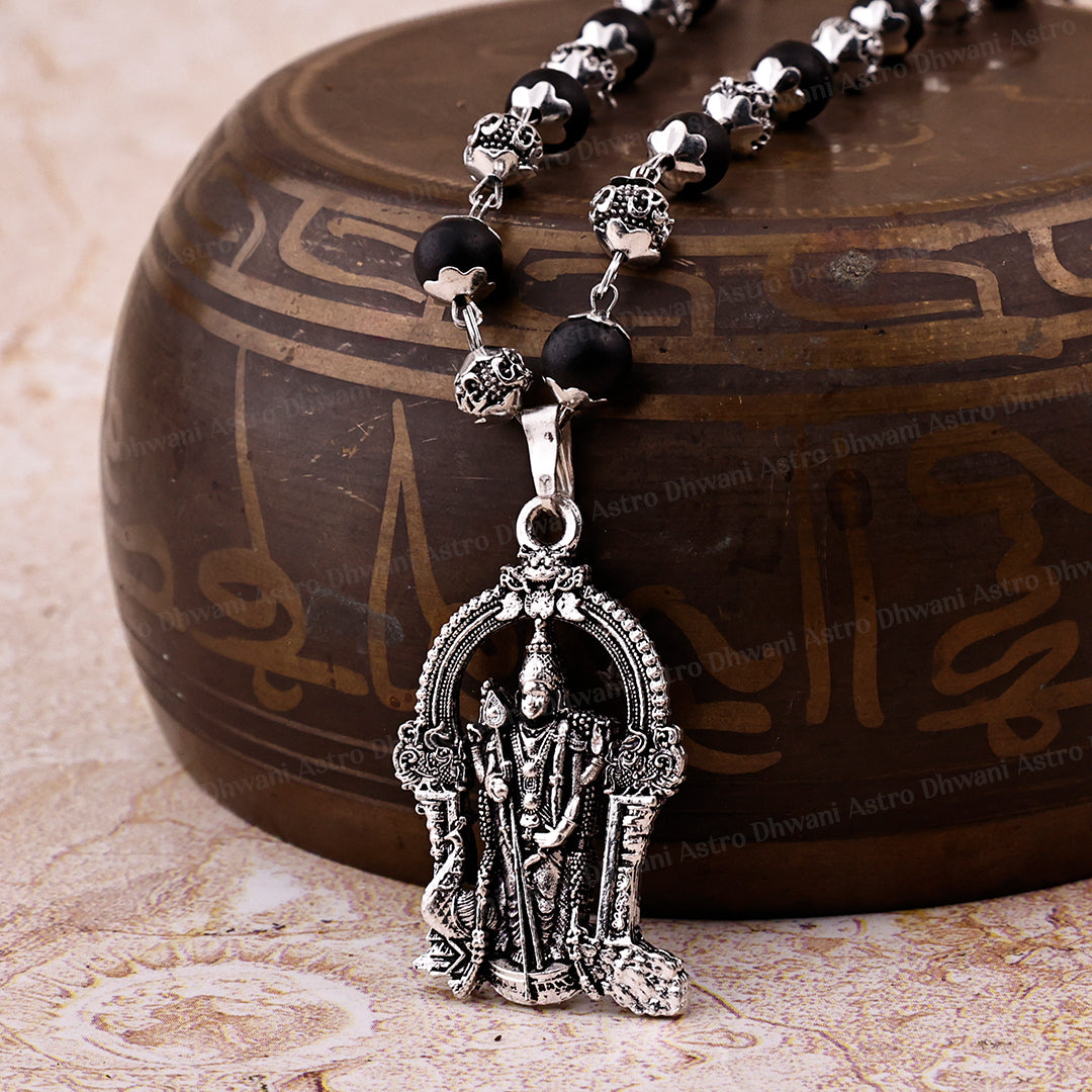 Silver Karungali Om Beads Mala With Lord Murgan Pendant
