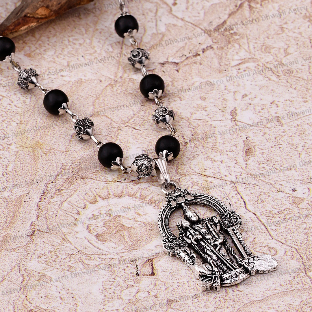 Silver Karungali Om Beads Mala With Lord Murgan Pendant