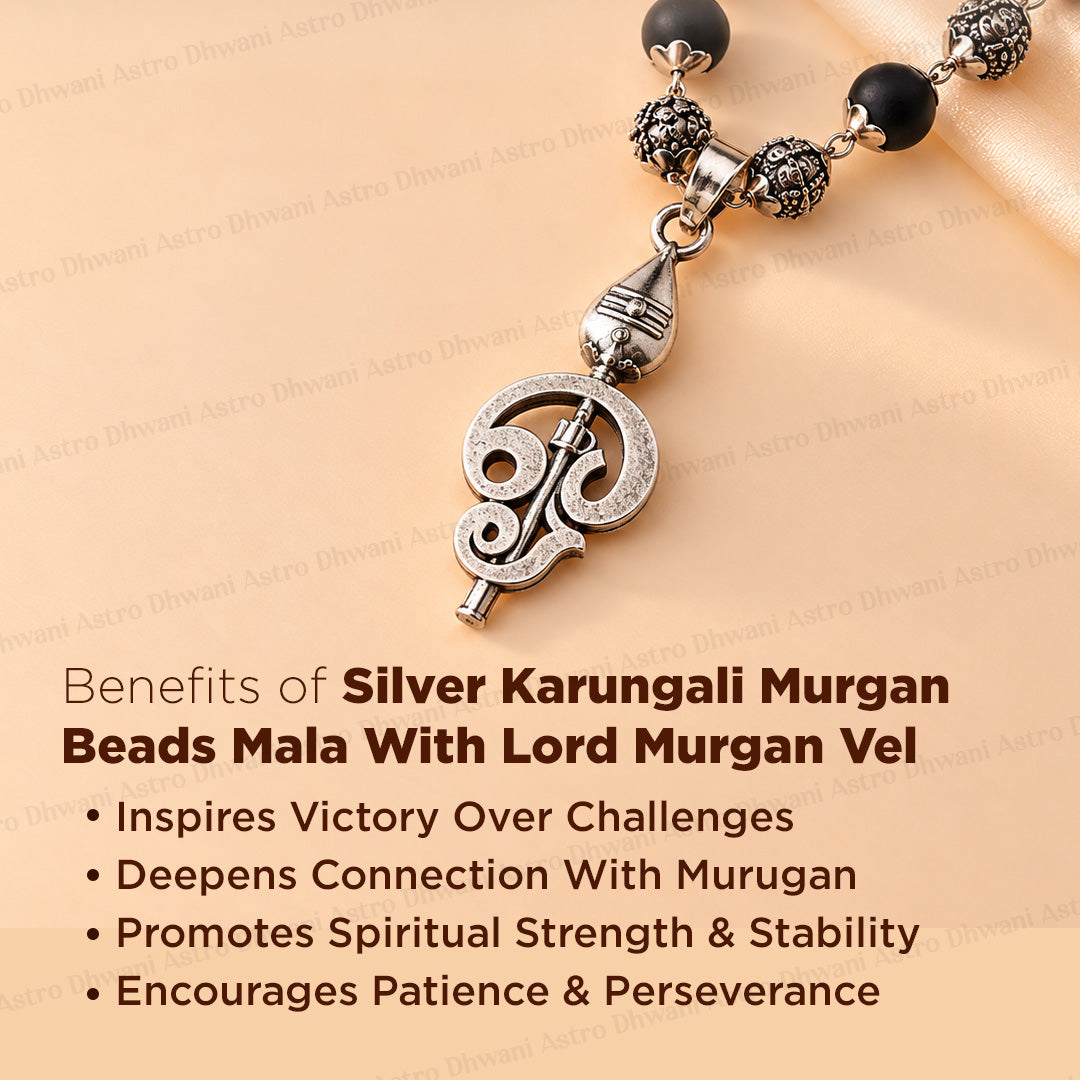 Silver Karungali Om Beads Mala With Lord Murugan Vel Pendant