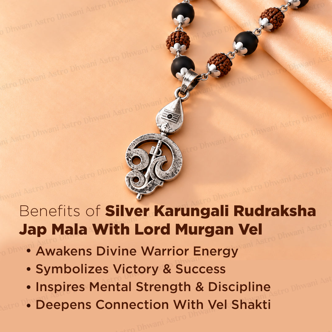 Silver Karungali Rudraksha Jap Mala with Lord Murugan Vel