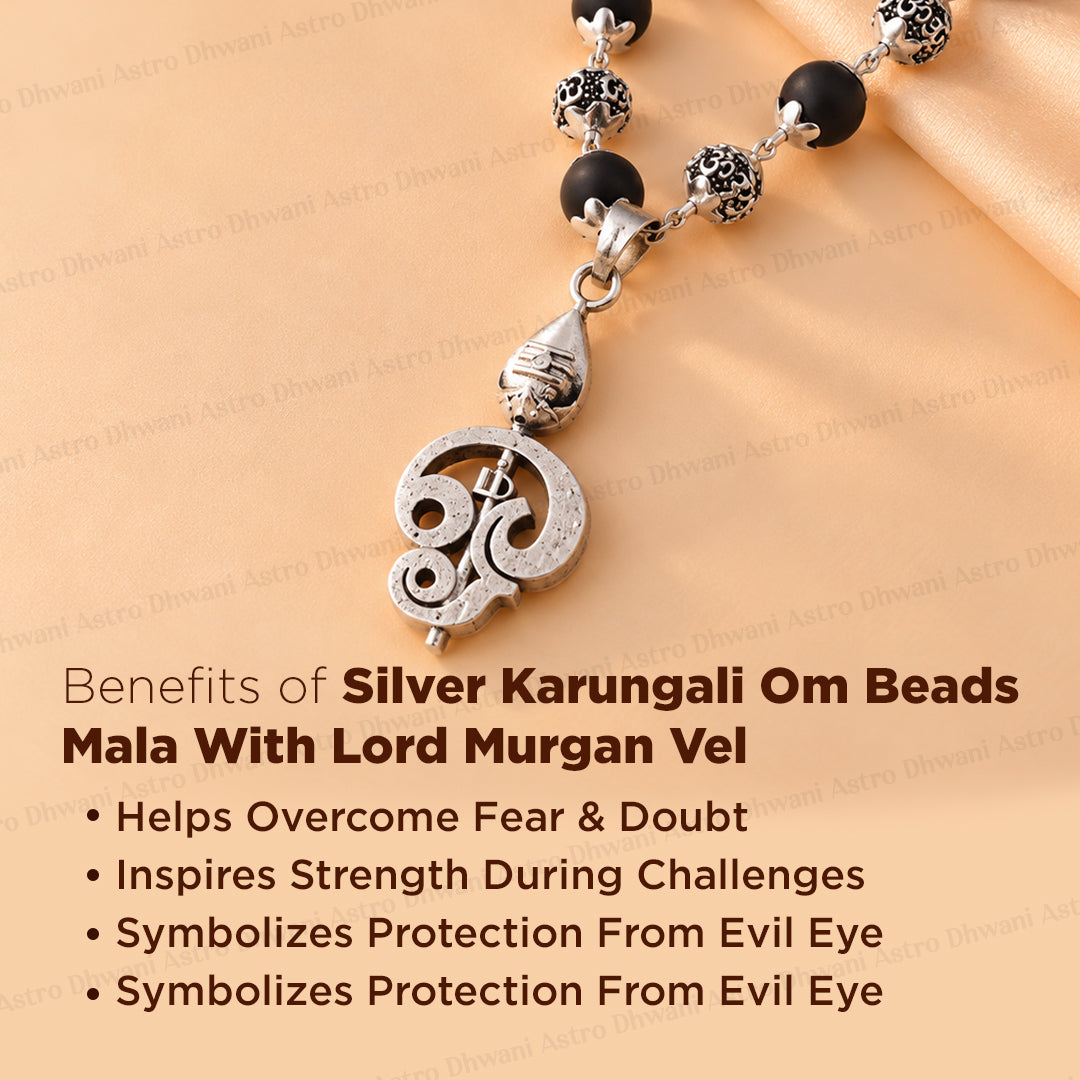 Silver Karungali Om Beads Mala With Lord Murugan Vel Pendant