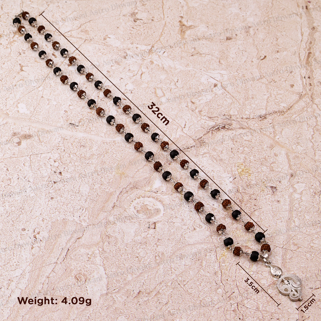 Silver Karungali Rudraksha Jap Mala with Lord Murugan Vel
