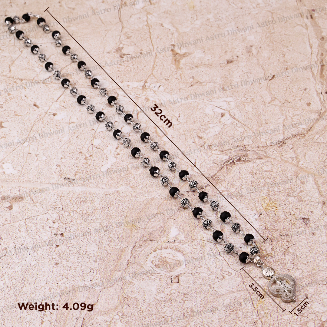 Silver Karungali Om Beads Mala With Lord Murugan Vel Pendant
