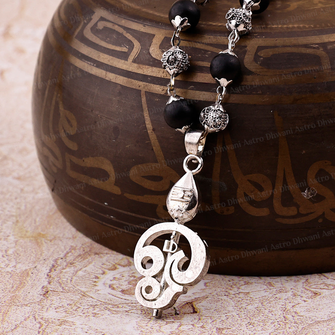 Silver Karungali Om Beads Mala With Lord Murugan Vel Pendant