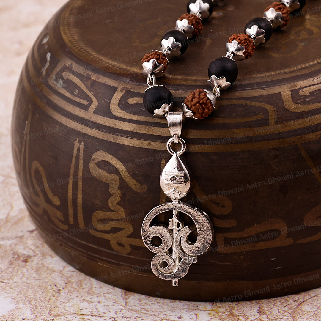 Silver Karungali Rudraksha Jap Mala with Lord Murugan Vel