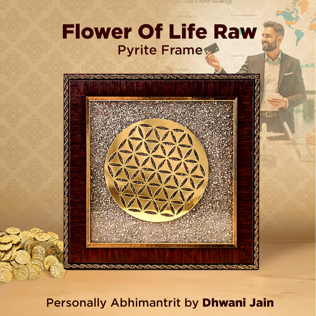 Decorative item with 'Flower Of Life Raw Pyrite Frame' on a beige background, featuring text and a person holding a phone.