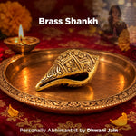 Decorative brass Shankh on a tray with Diwali decorations in the background