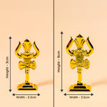 Gold-colored deity statue with dimensions on a beige background