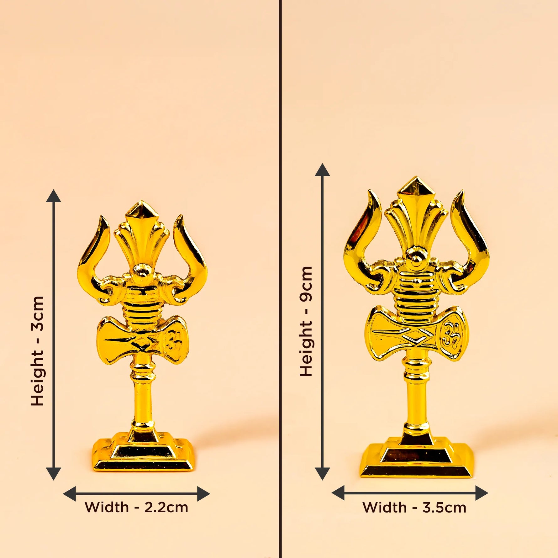 Gold-colored deity statue with dimensions on a beige backgroundMurugan Trishul Vel – Abhimantrit & Certified