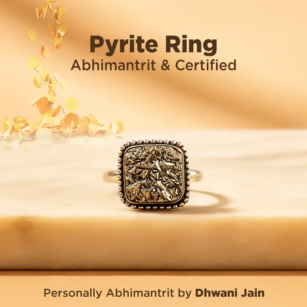 Pyrite ring with decorative design on a beige background, featuring text about certification and branding.