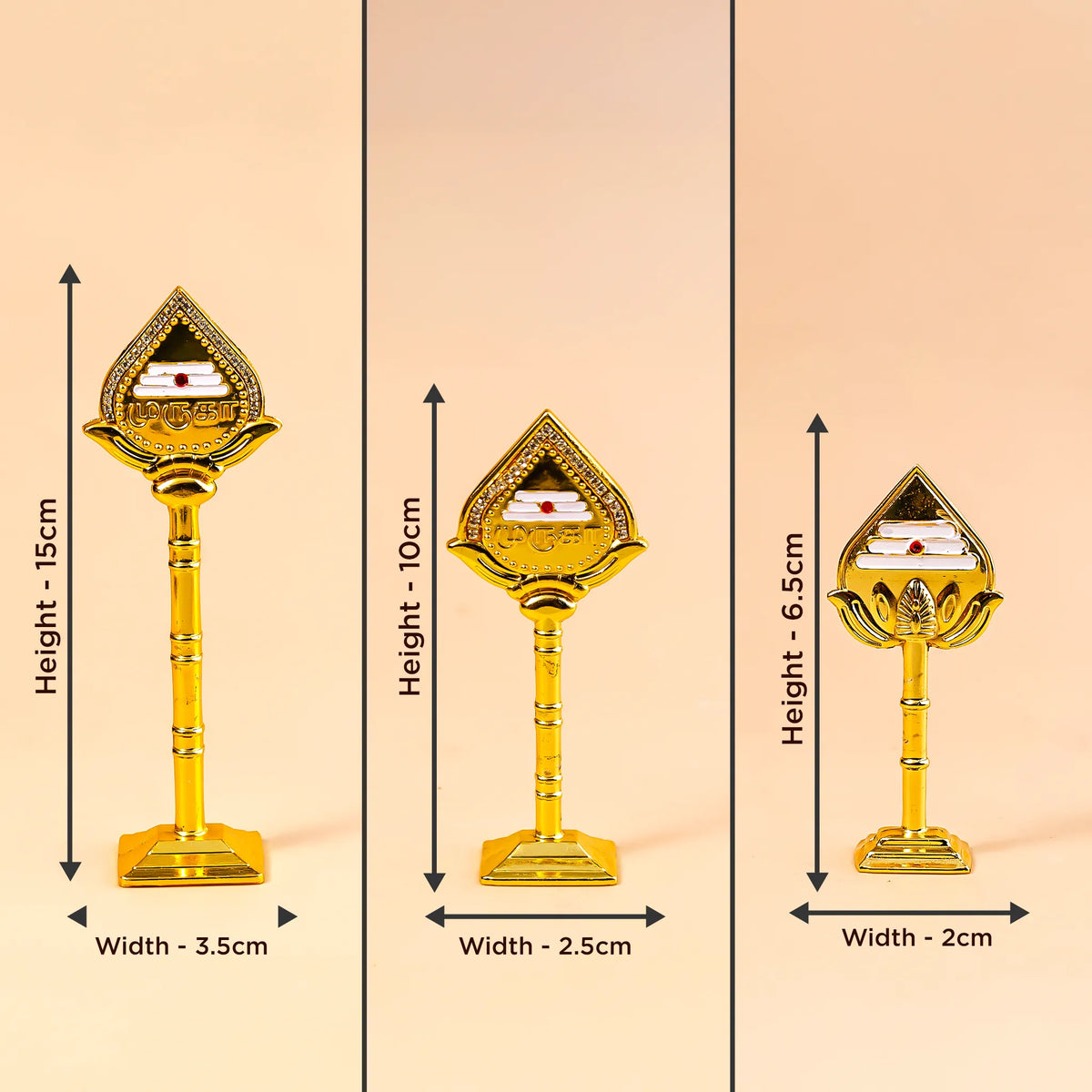 Three gold-colored decorative items with measurements on a beige background