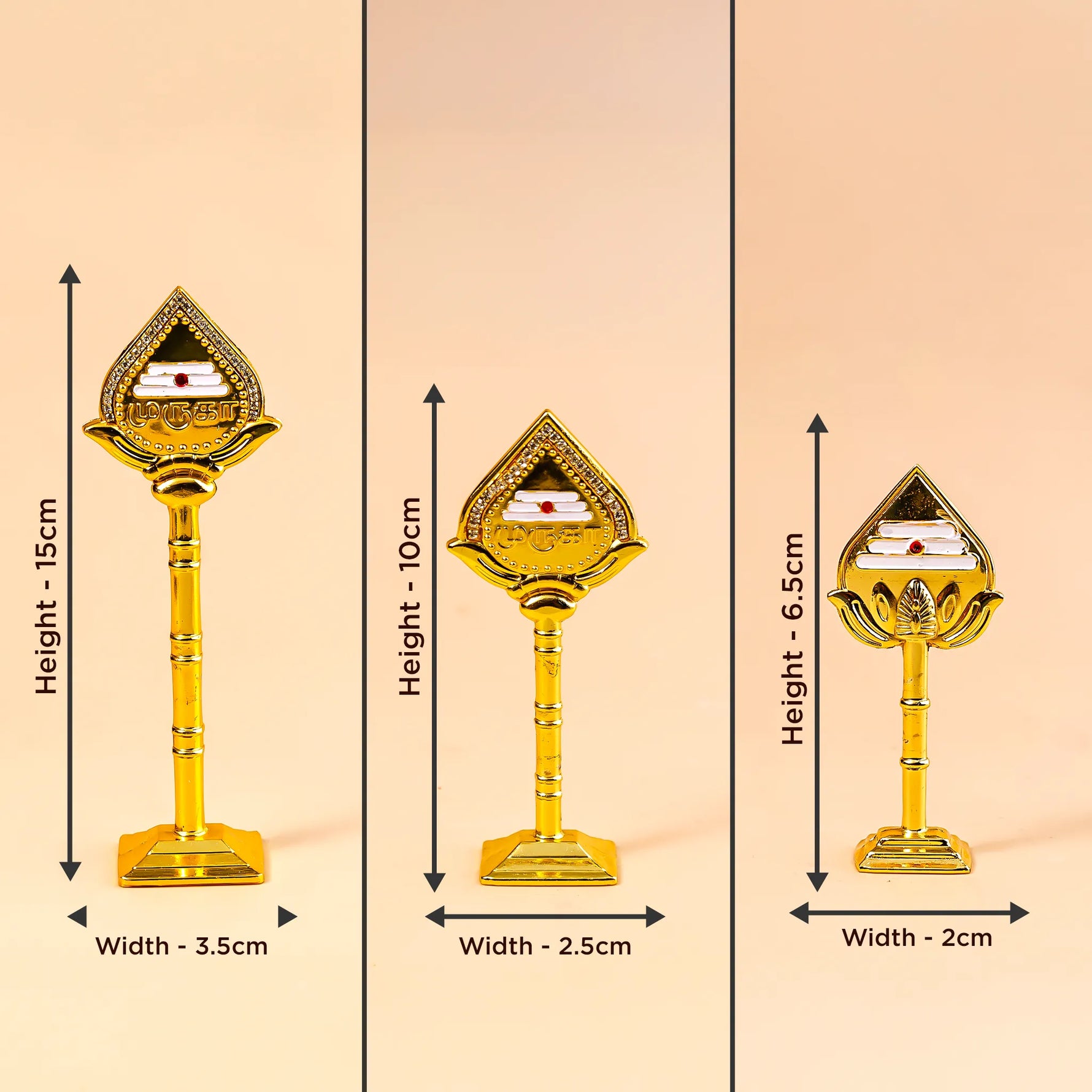 Three gold-colored decorative items with measurements on a beige backgroundMurugan Vel – Divine Protection & Victory Symbol | Abhimantrit & Certified