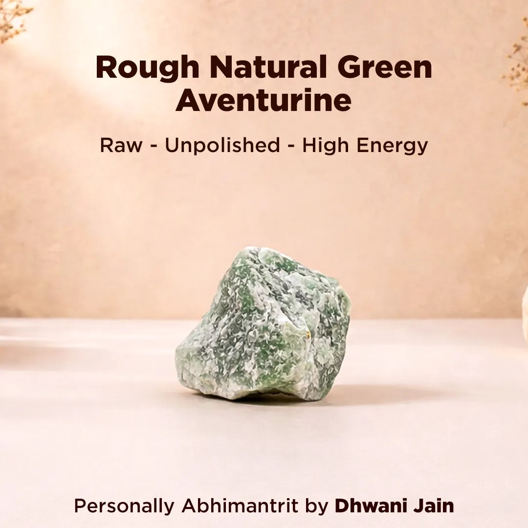 Rough natural green aventurine stone on a beige background with text about energy and authenticity.