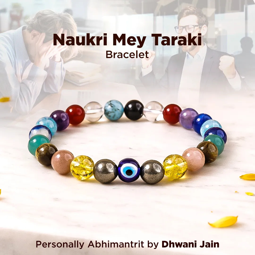 Colorful beaded bracelet with text 'Naukri Mey Taraki Bracelet' and 'Dhwani Jain' on a blurred background.