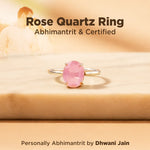 Rose Quartz ring on a beige surface with text about certification and branding.