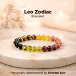Leo Zodiac bracelet with multicolored beads on a marble surface, featuring the Leo zodiac symbol.