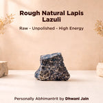 Rough natural lapis lazuli stone on a neutral background with text about energy and authenticity.