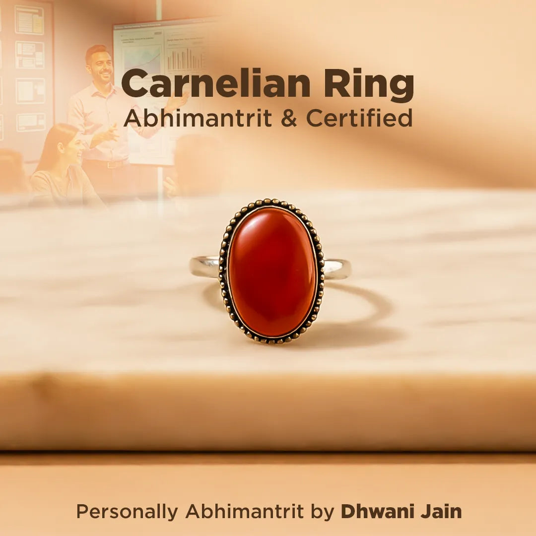 Carnelian ring on a wooden surface with text about certification and branding.