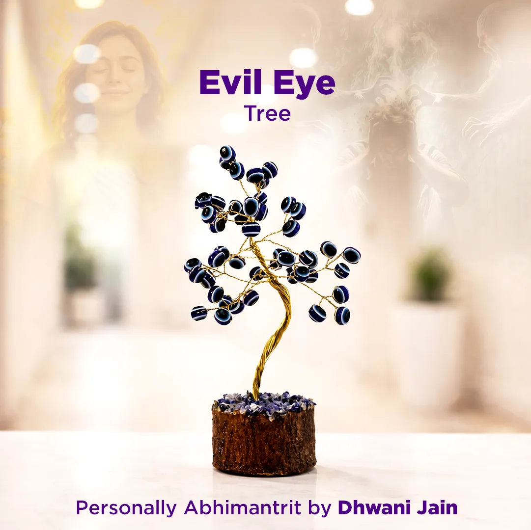 Decorative 'Evil Eye' tree with blurred background and text