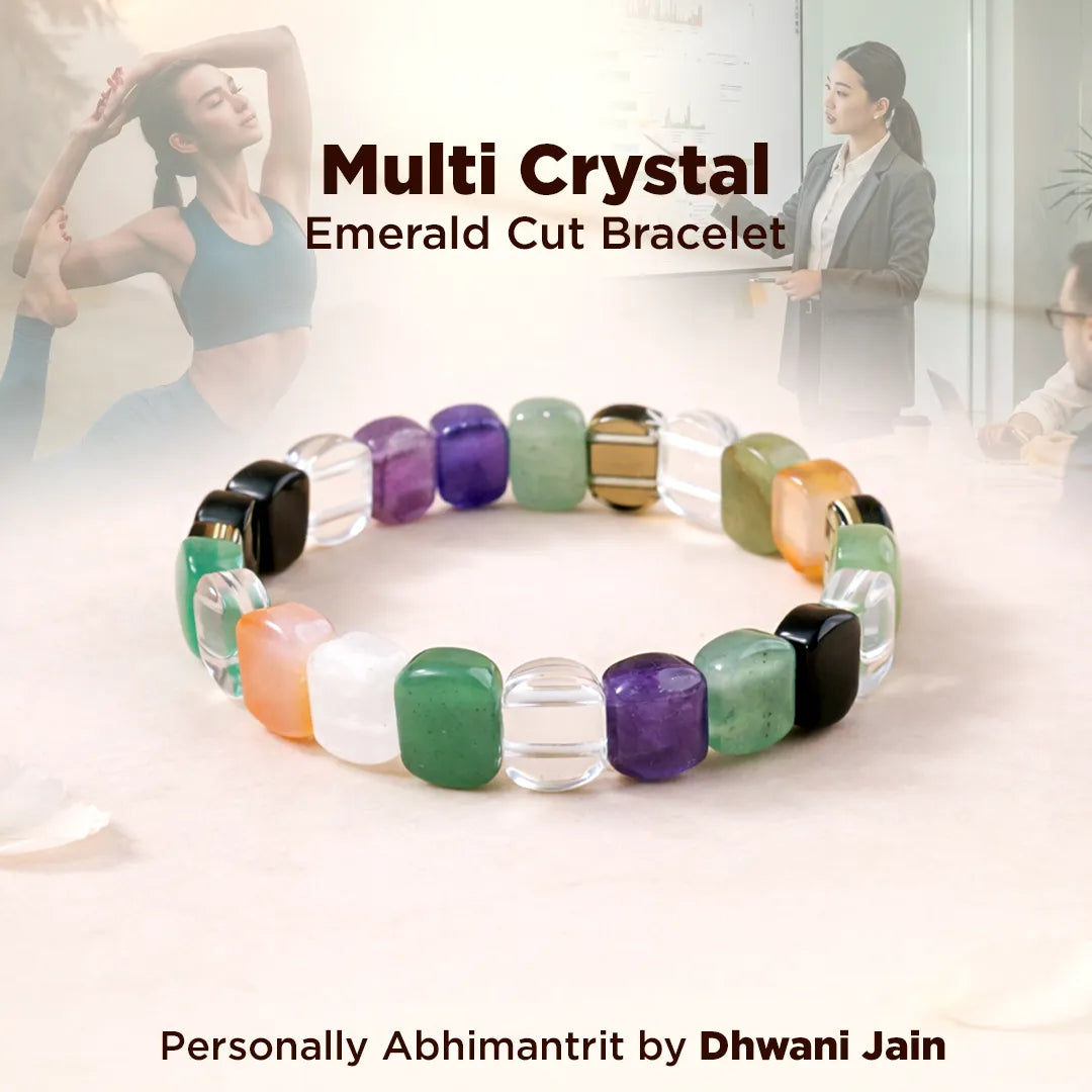 Multi crystal bracelet with colored beads on a white surface, with people in the background.