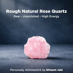 Rough natural rose quartz crystal on a dark background with text about energy and origin.