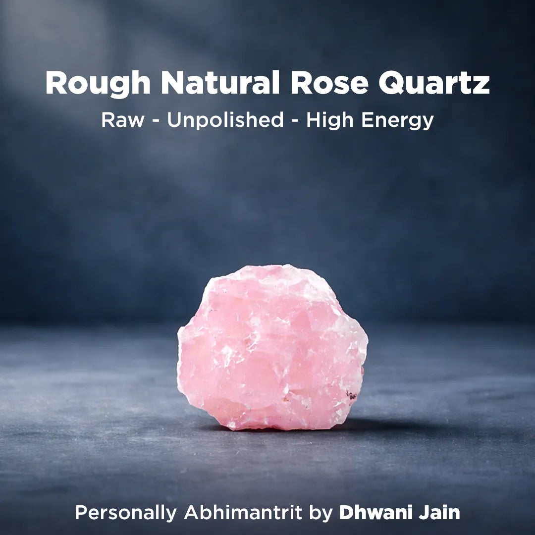 Rough natural rose quartz crystal on a dark background with text about energy and origin.