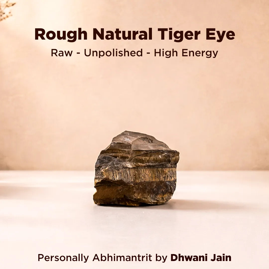 Rough natural tiger eye stone on a beige background with text about energy and authenticity.