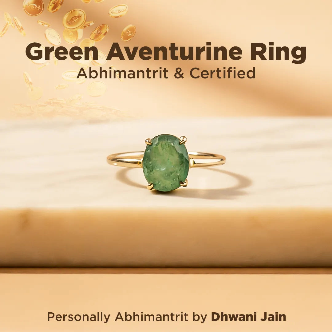 Green aventurine ring with gold band on a beige background, featuring text about certification and branding.