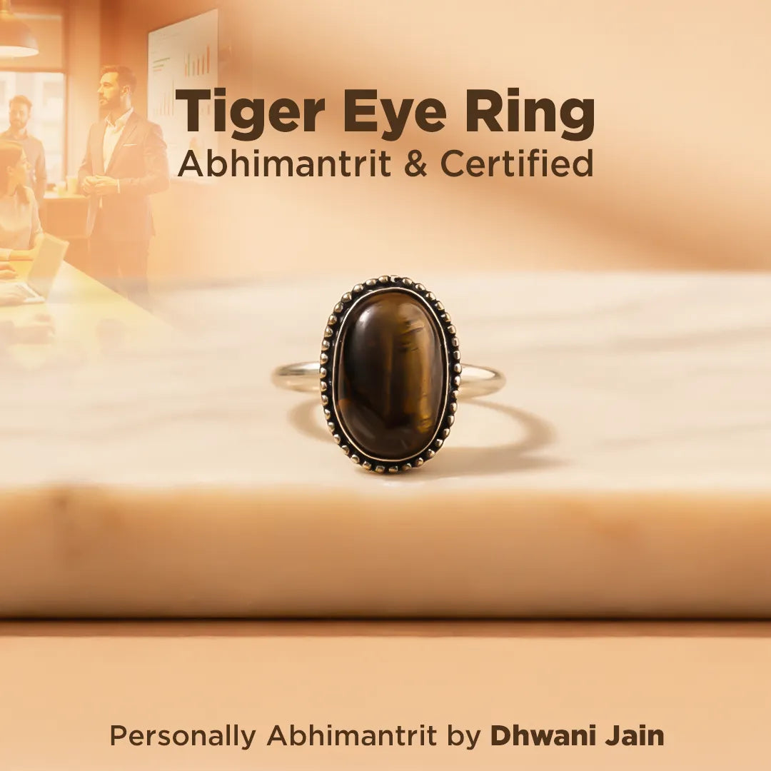 Tiger Eye ring on a wooden surface with text about certification and branding.