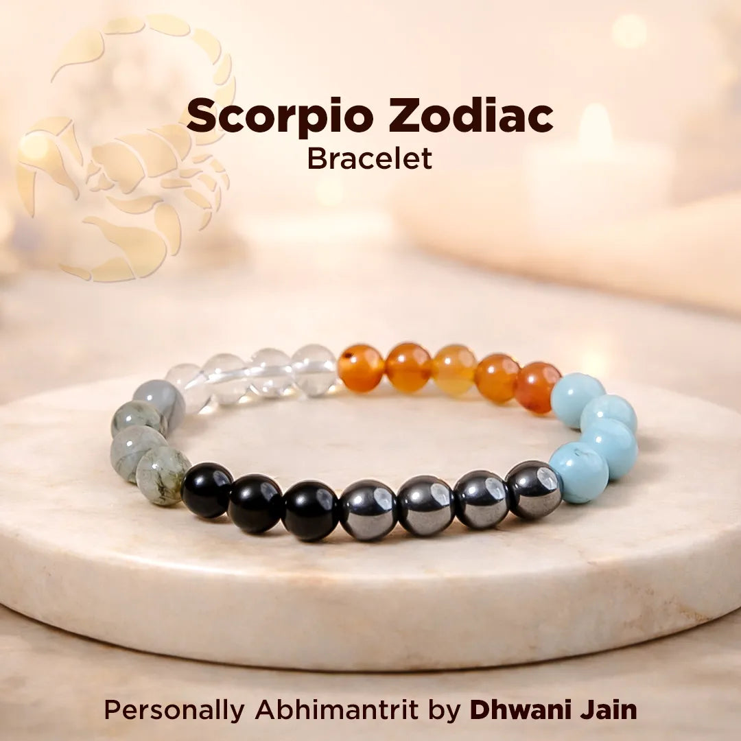 Scorpio Zodiac bracelet with multicolored beads on a light background