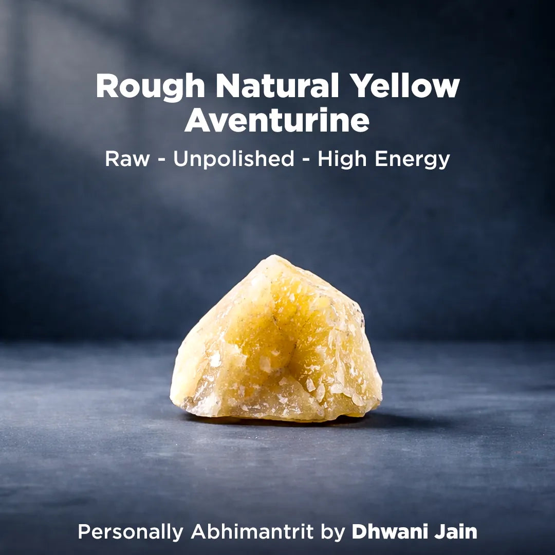Raw yellow aventurine crystal on a dark background with text about its properties.