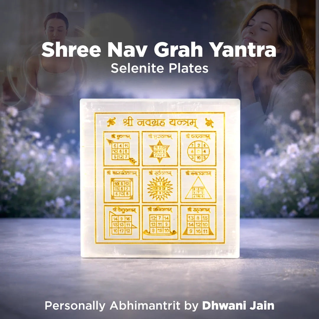 Shree Nav Grah Yantra Selenite Plates with people in a garden in the background