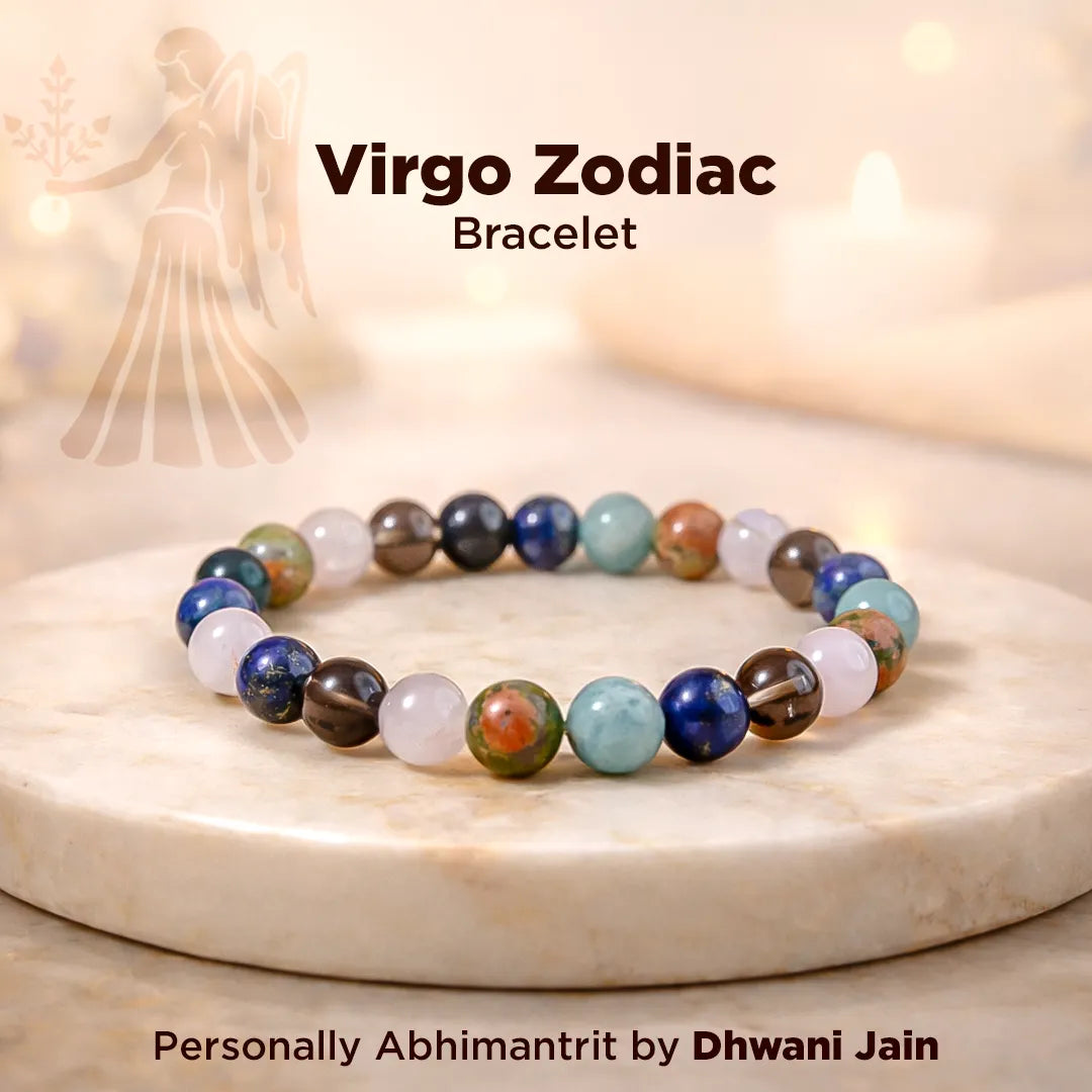 Multicolored beaded bracelet labeled 'Virgo Zodiac Bracelet' on a light background
