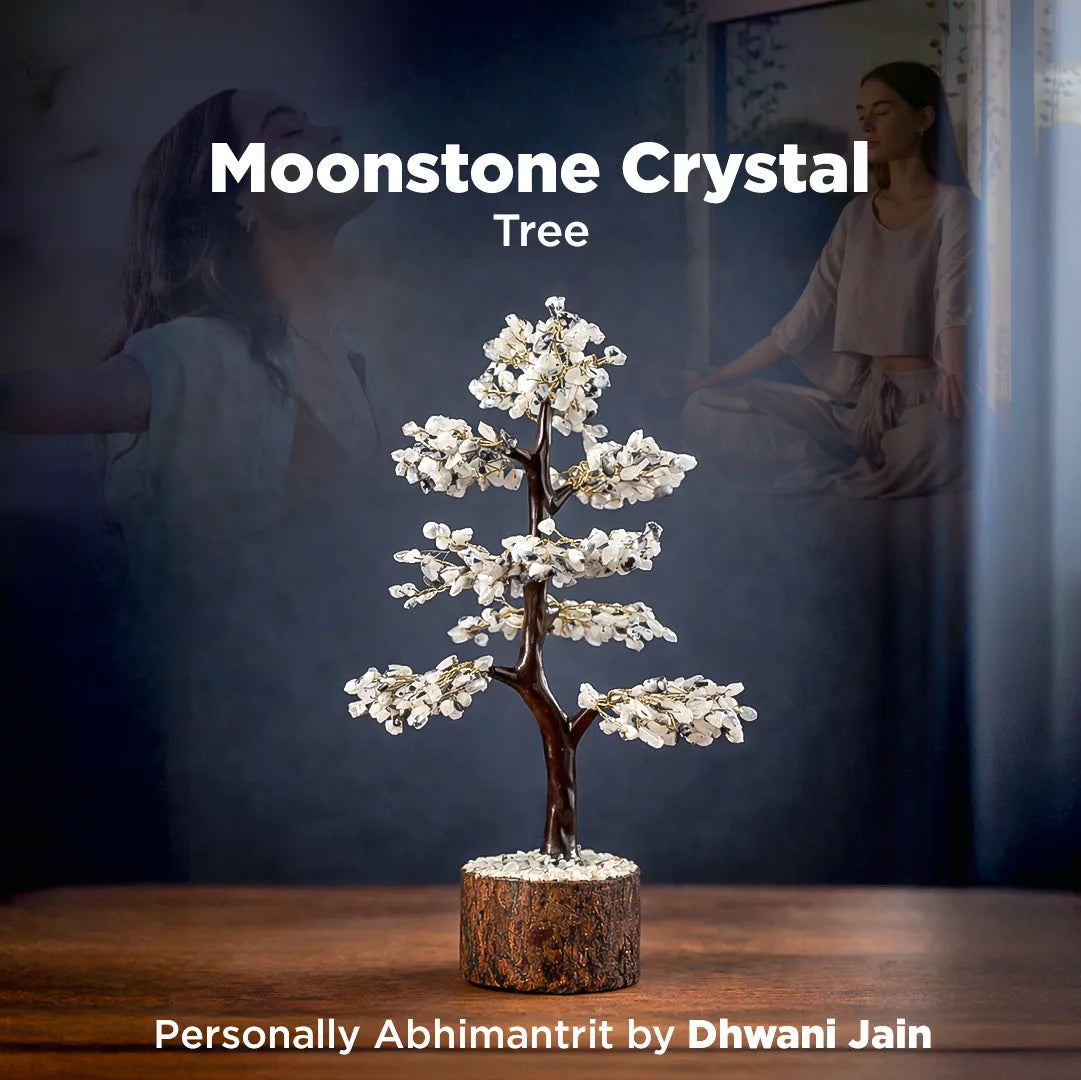 Moonstone Crystal Tree on a wooden surface with a blurred background of two people sitting.