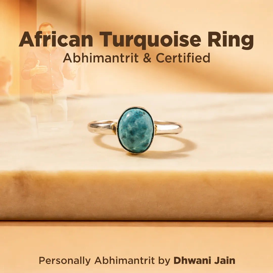 African Turquoise Ring on a wooden surface with text about certification and creator.