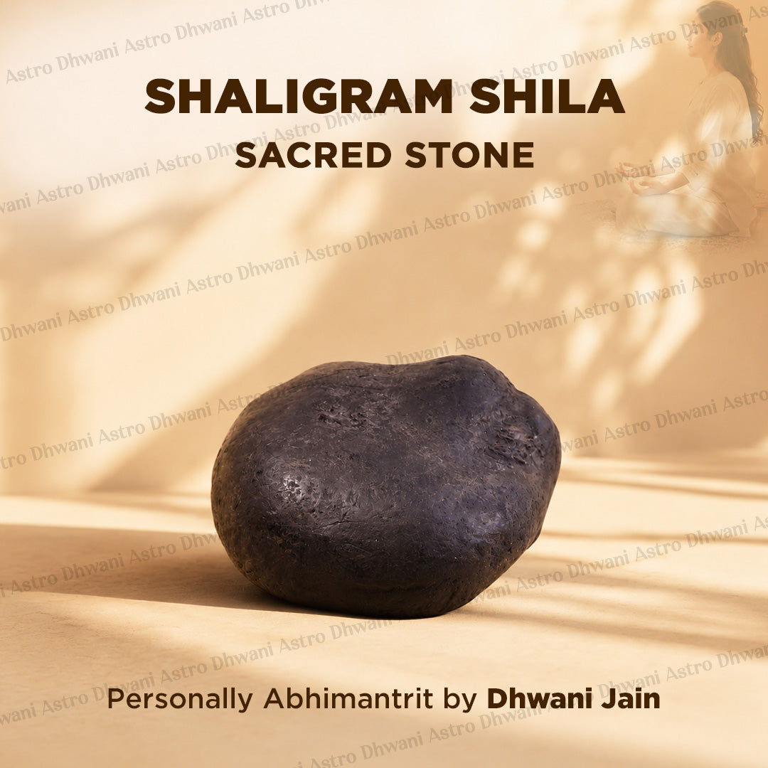A dark polished shaligram shila sacred stone displayed on a beige fabric surface with text overlays reading 'SHALIGRAM SHILA SACRED STONE'