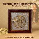 Numerology Healing Yantra with raw pyrite frame on a beige background, featuring a woman and gold coins.
