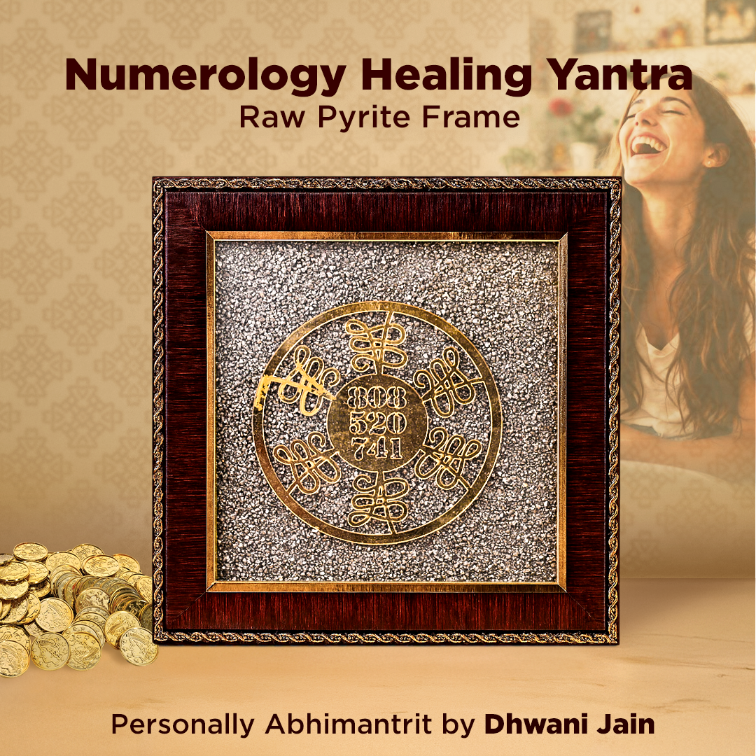 Numerology Healing Yantra with raw pyrite frame on a beige background, featuring a woman and gold coins.