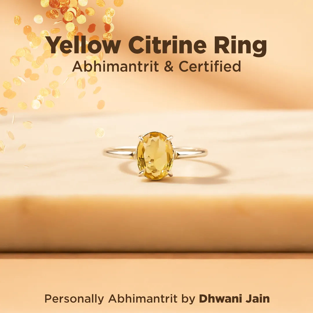 Yellow citrine ring on a beige background with text about certification and creator.