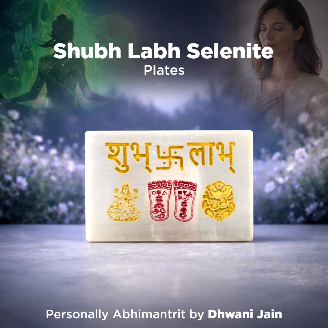 Shubh Labh Selenite plates with a woman and green silhouette in the background