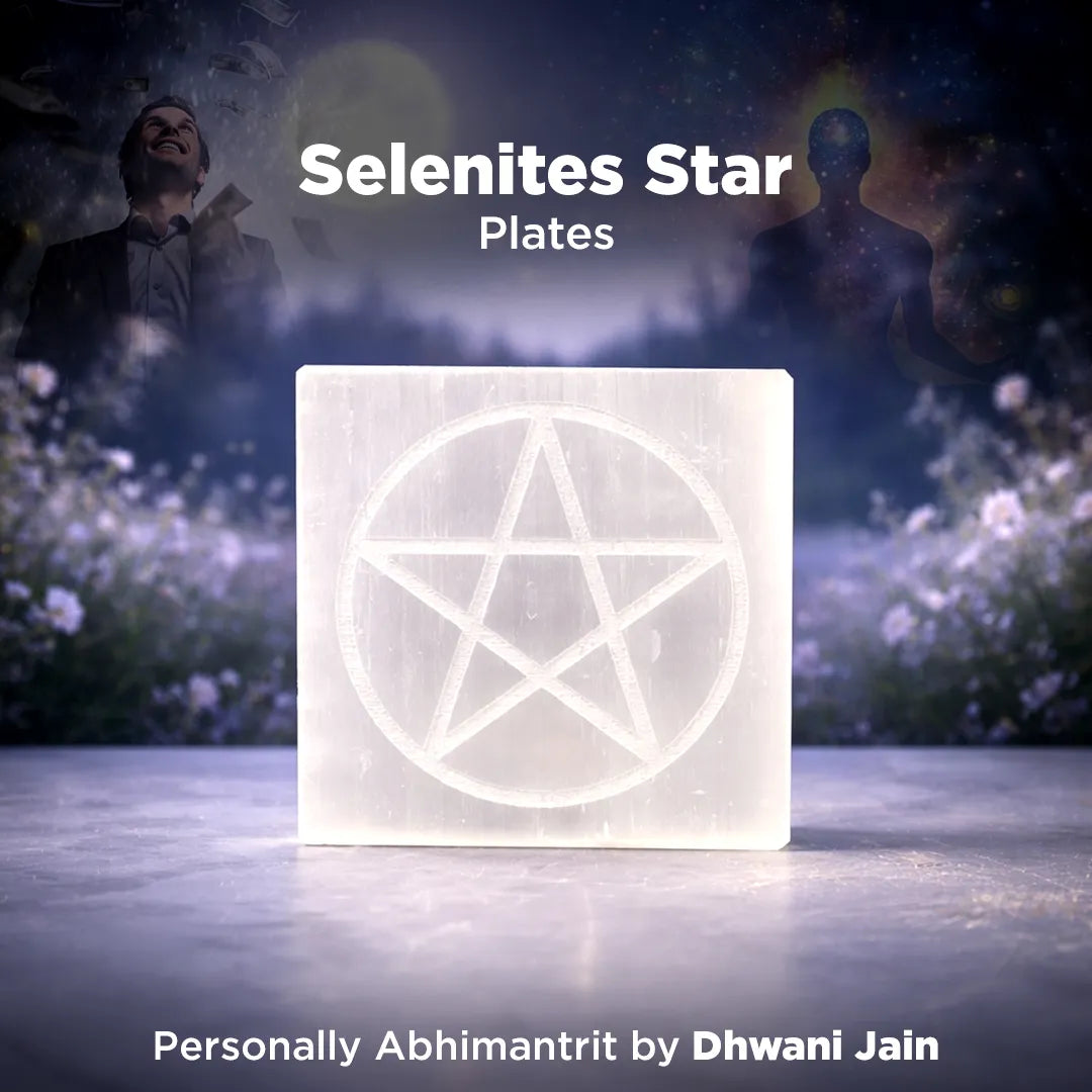 Selenites Star Plates with a pentagram design on a mystical background
