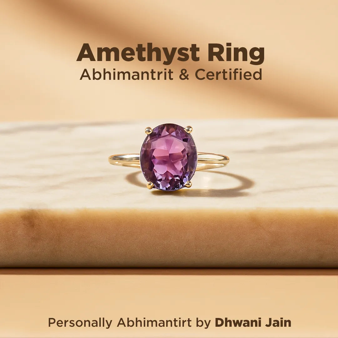 Amethyst ring on a beige background with text about certification and creator.