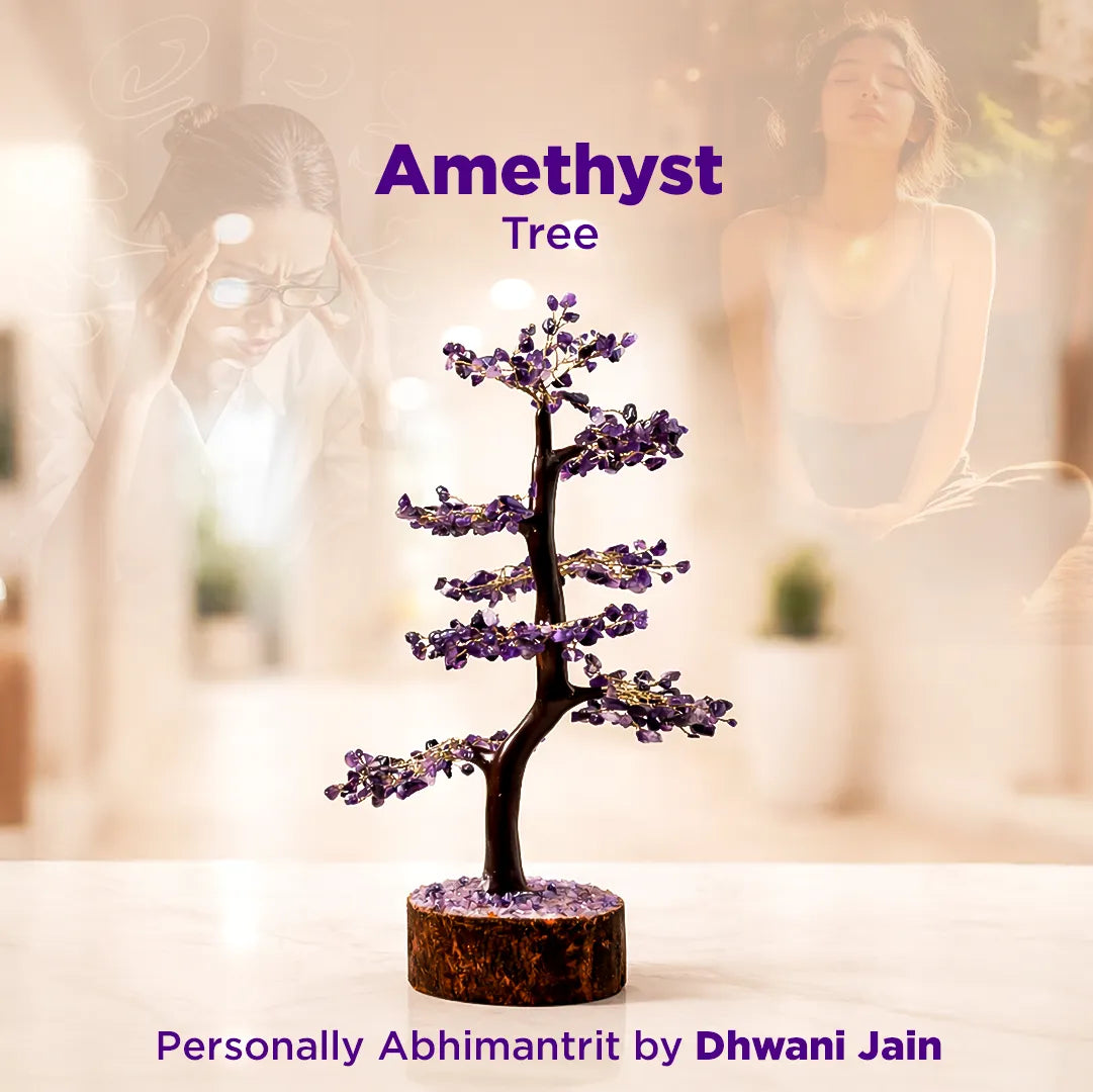 Amethyst tree with blurred background and text indicating brand and creator