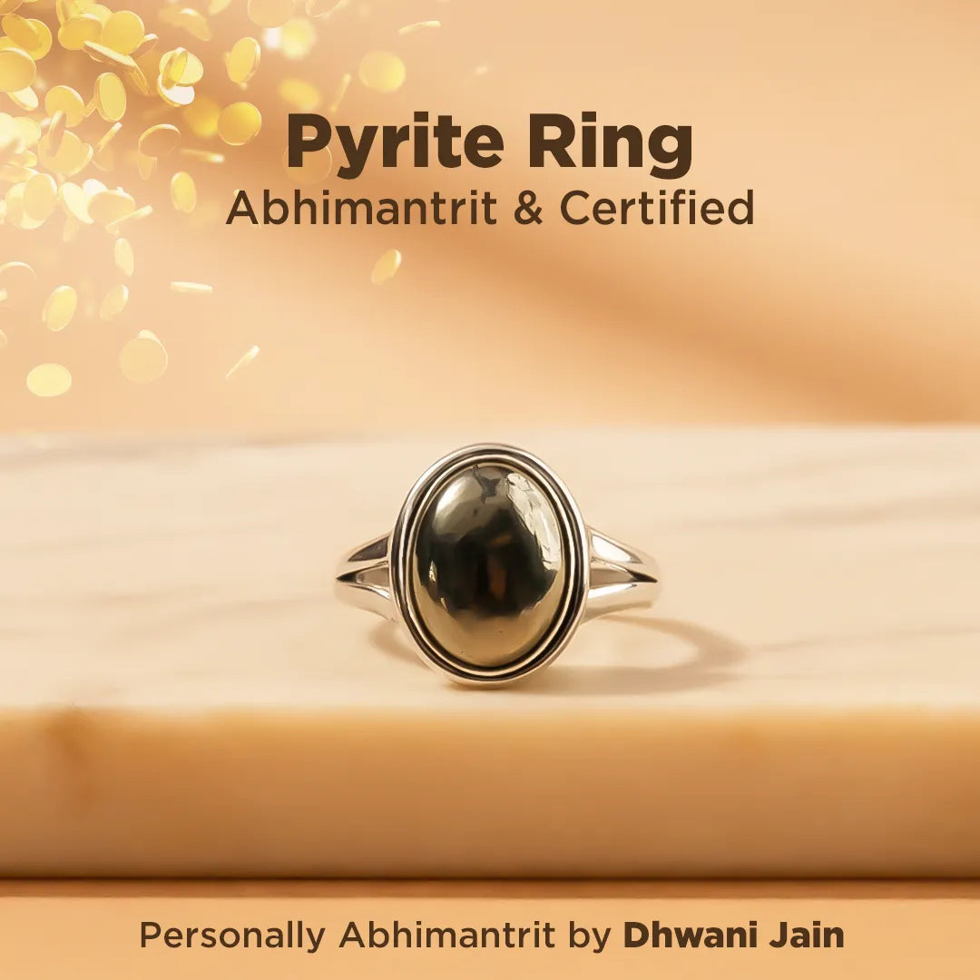 Pyrite ring on a wooden surface with text about certification and branding.