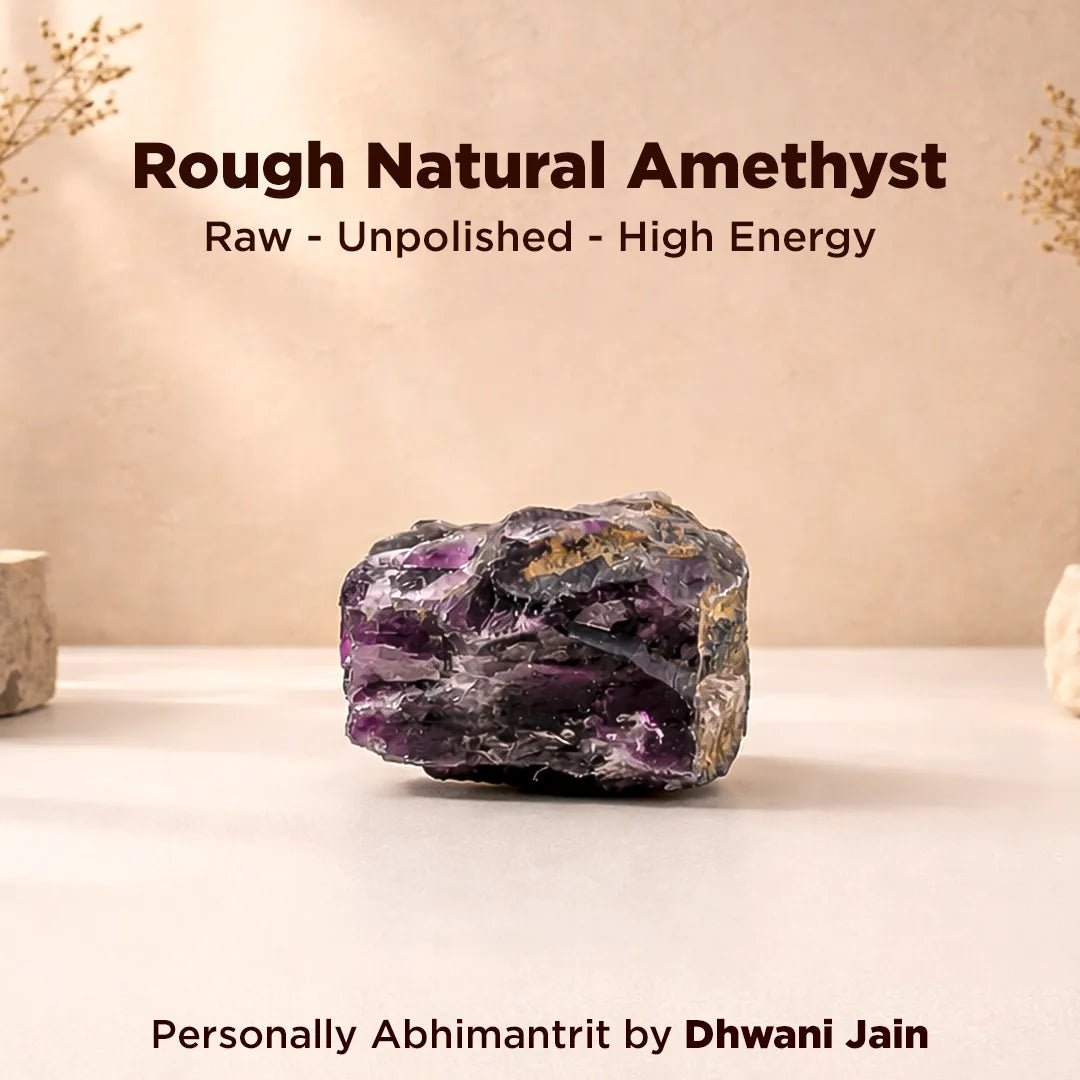 Rough natural amethyst crystal on a beige background with text about energy and authenticity.