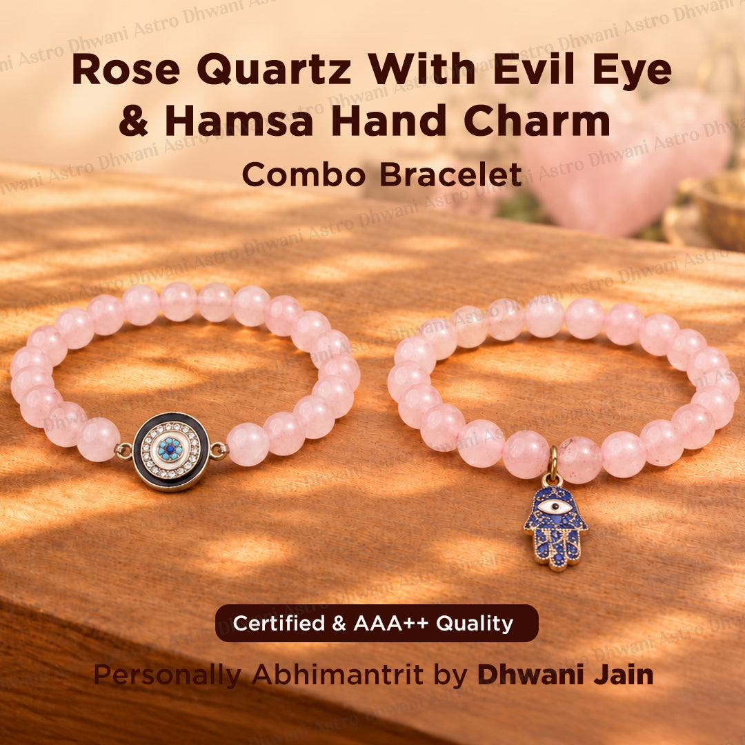 Rose Quartz Bracelet with Evil Eye & Hamsa Hand Charm Combo - Abhimantrit & Certified