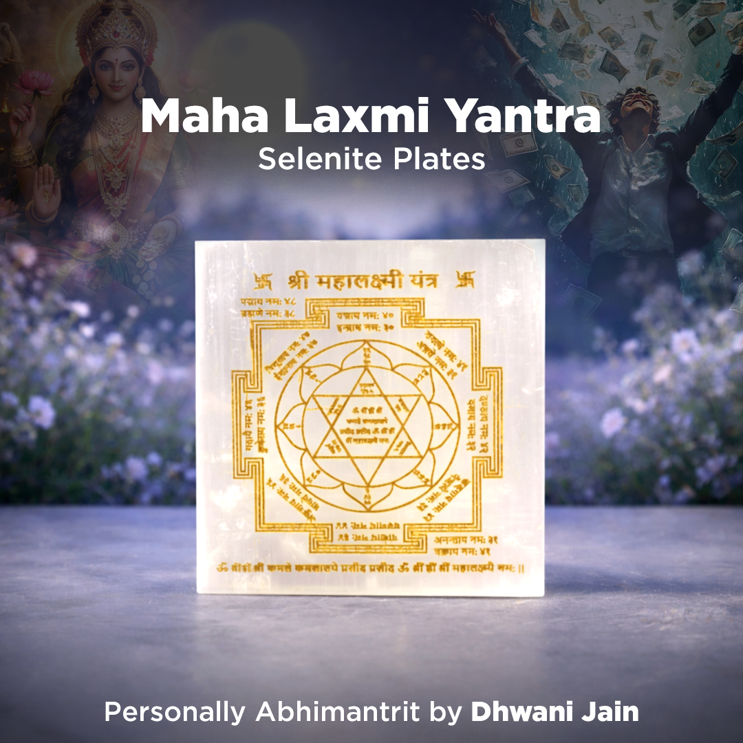 Maha Laxmi Yantra Selenite Plate with decorative text on a blurred nature background
