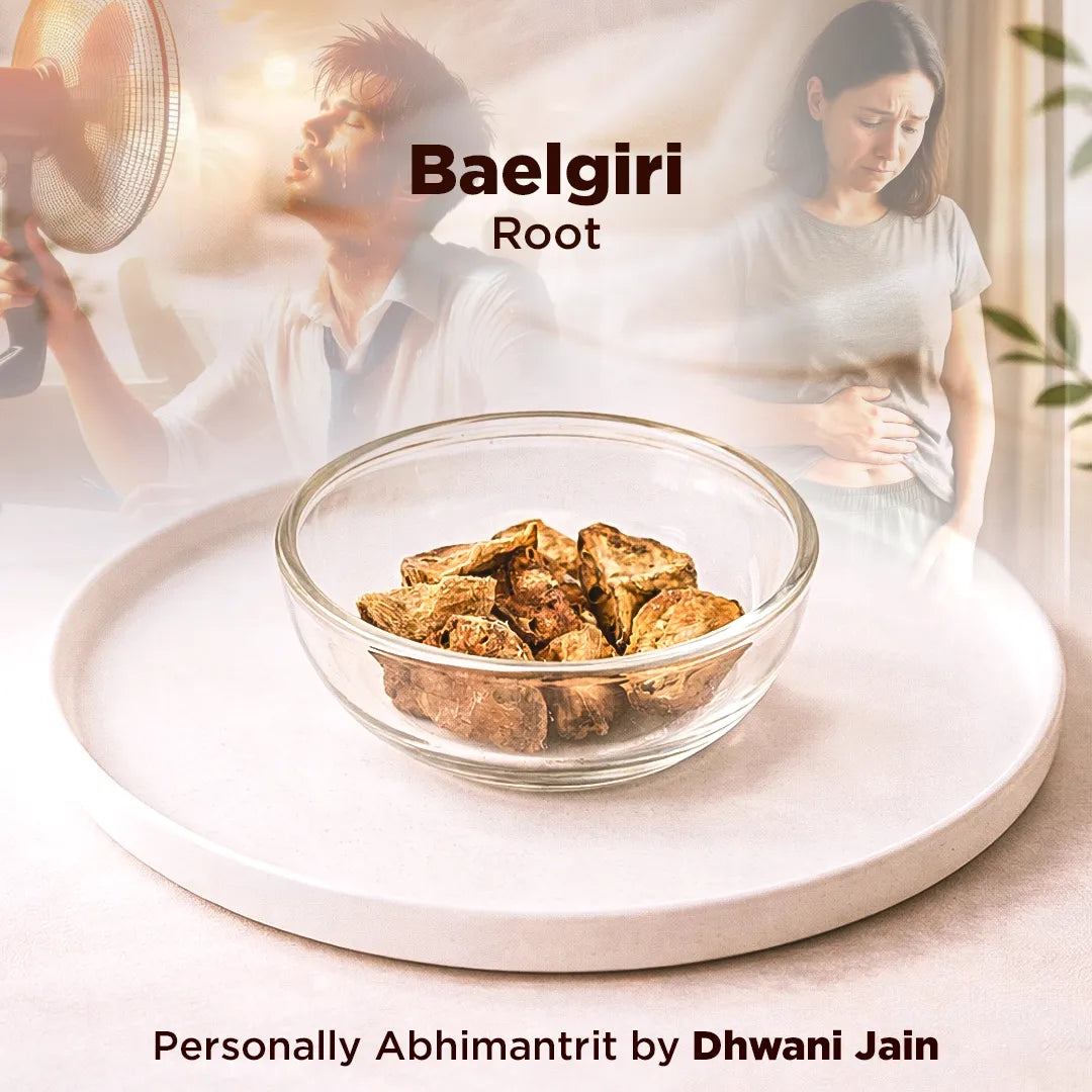 Glass bowl with Baelgiri Root on a white surface, with a blurred background of a man and woman.