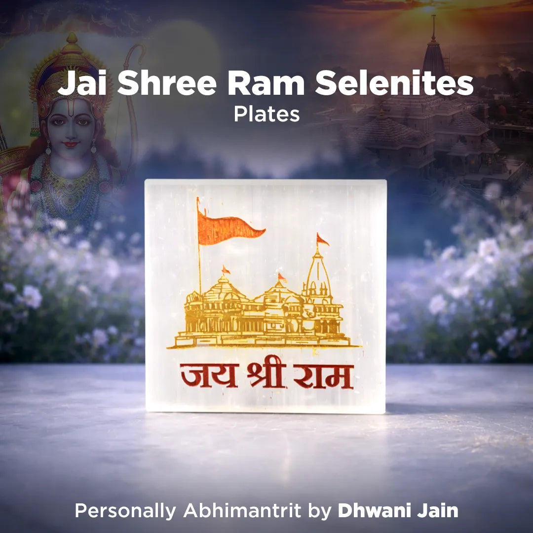 Plates with temple design and text on a blurred nature background